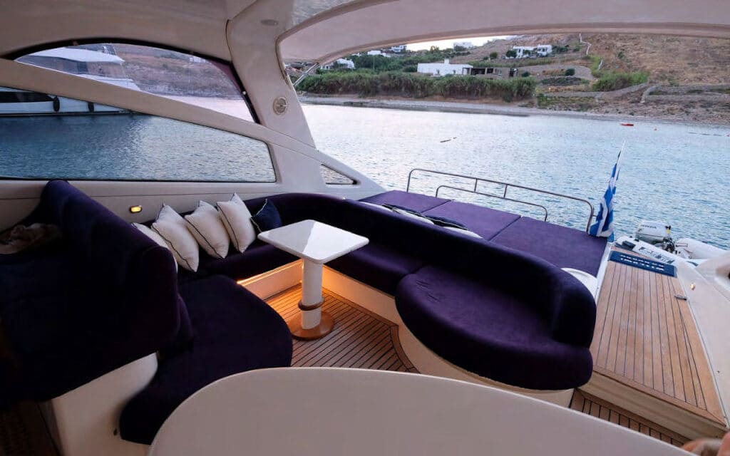 Baia 63 boat lounge. Boats in Paros. Charter a Boat.