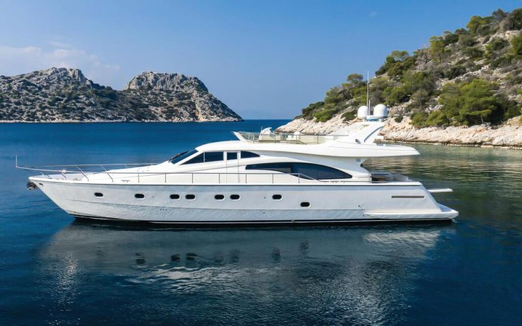 Ferretti 68 boat parked. Boats in Paros. Charter a Boat.